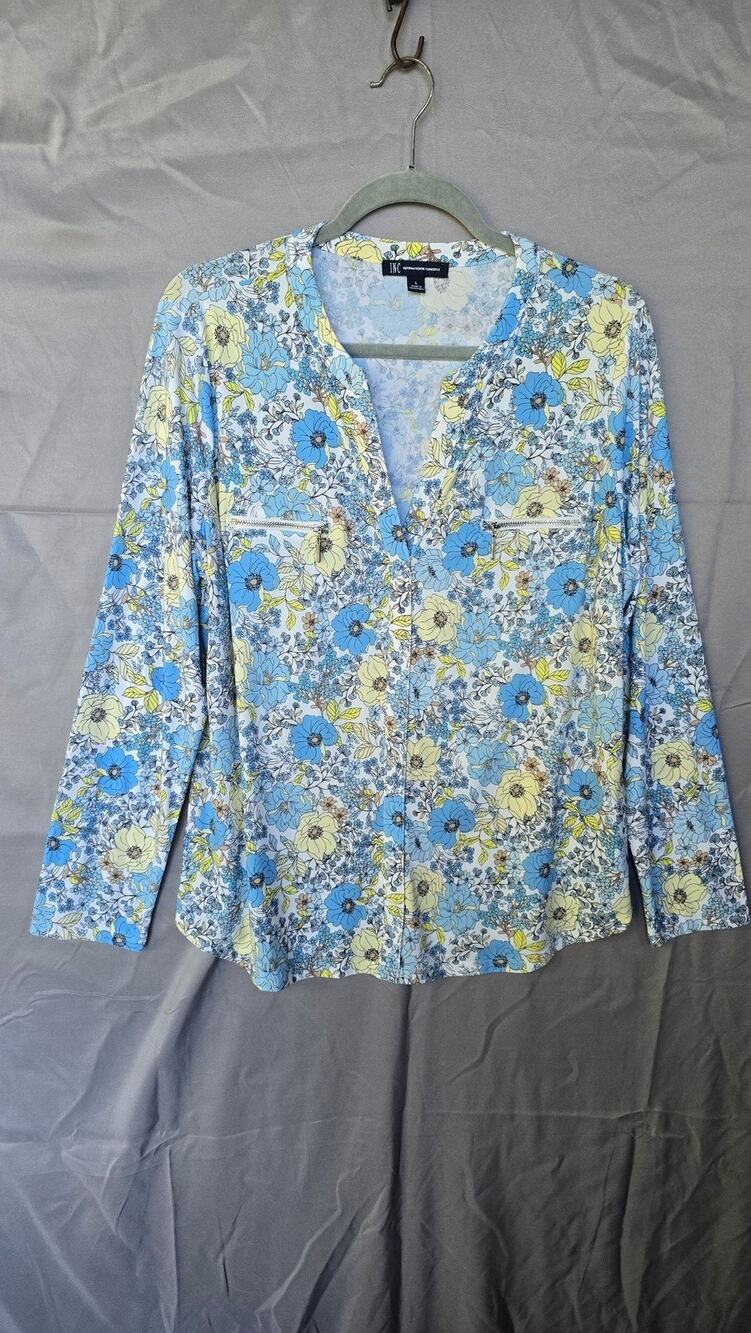 INC International Concepts Blouse Womens Large Blue Floral Zip Pocket V Neck Top